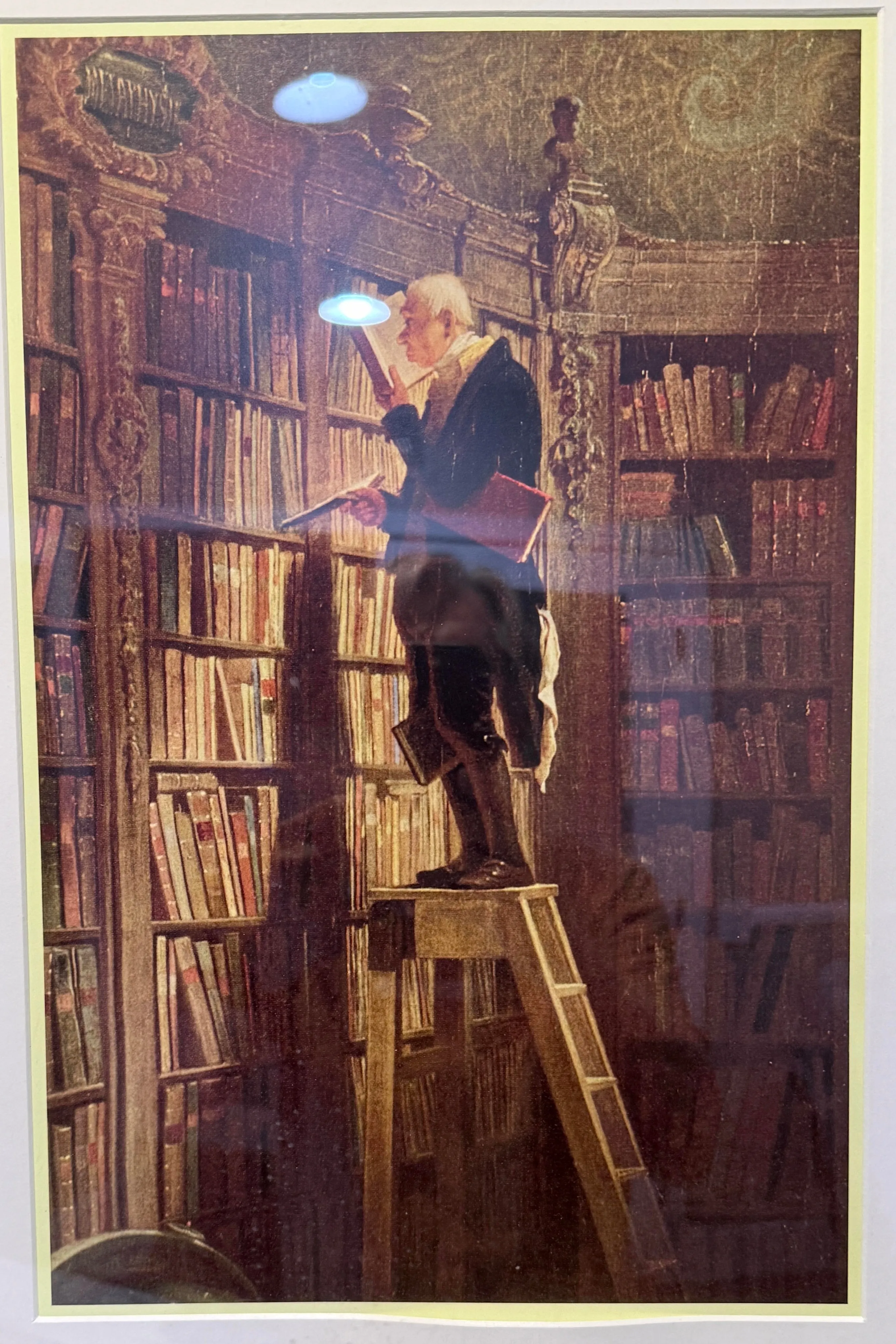 A framed print of Carl Spitzweg's painting Der Bücherwurm (The Bookworm), showing an old scholar on a library ladder, absorbed in a book, more volumes tucked under his arm.